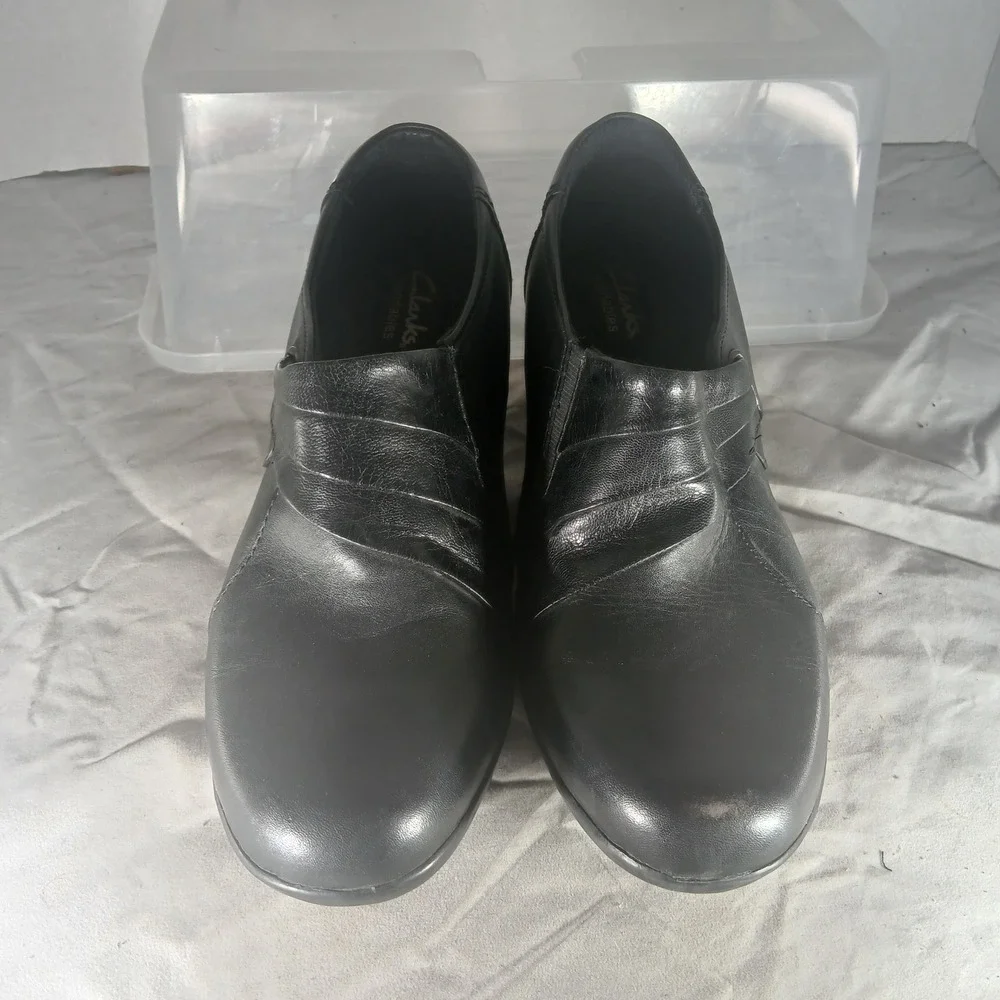 Clarks Bendables 62720 Womens Black Leather Slip On‎ Block Heel Shoes Size 9M